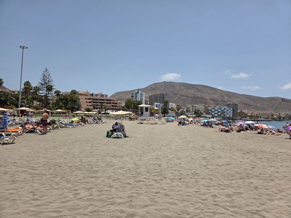 Transats et parasols alignés sur le sable de la plage de Los Cristianos face à la mer tranquille.
