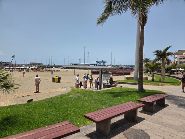 Espace vert avec bancs en bois donnant sur la plage de Los Cristianos et le port.