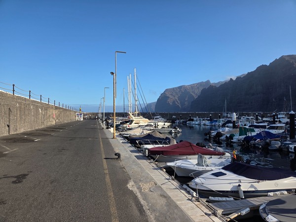 Promenade du port Allée du port de Los Gigantes bordant les amarres et les bateaux.