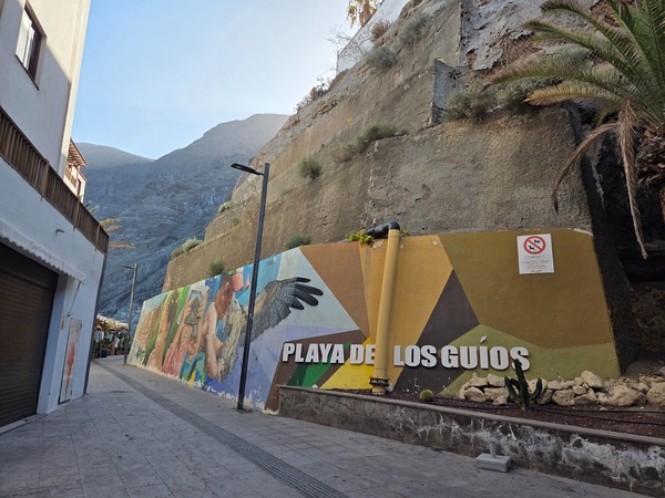 Grand panneau d’information de la Playa de Los Guíos avec plan de la baie, services et code des drapeaux.
