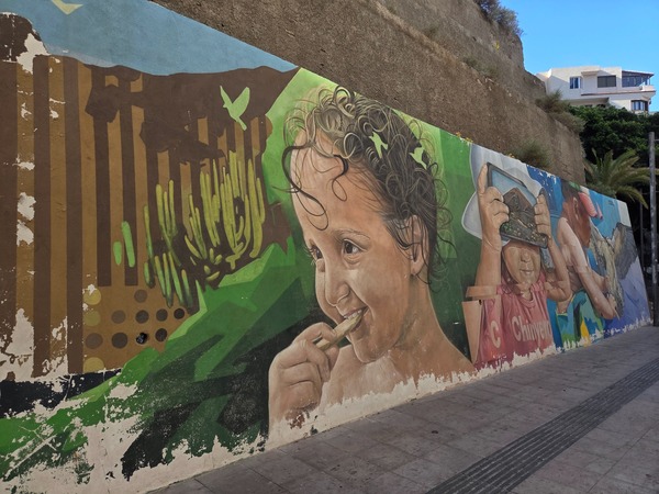 Fresque détaillée montrant un portrait d’enfant et des éléments liés à la vie locale près de la plage.