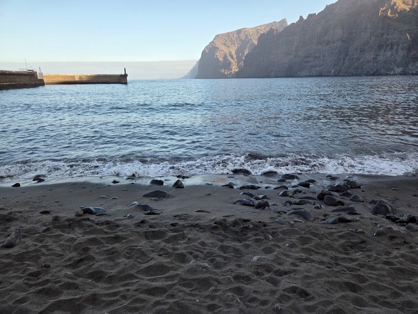 Ligne de rive avec petites vagues et falaises de Los Gigantes au fond.