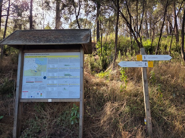 Grand panneau d’information et flèches directionnelles du sentier PR-TF 35 à l’entrée de la forêt.